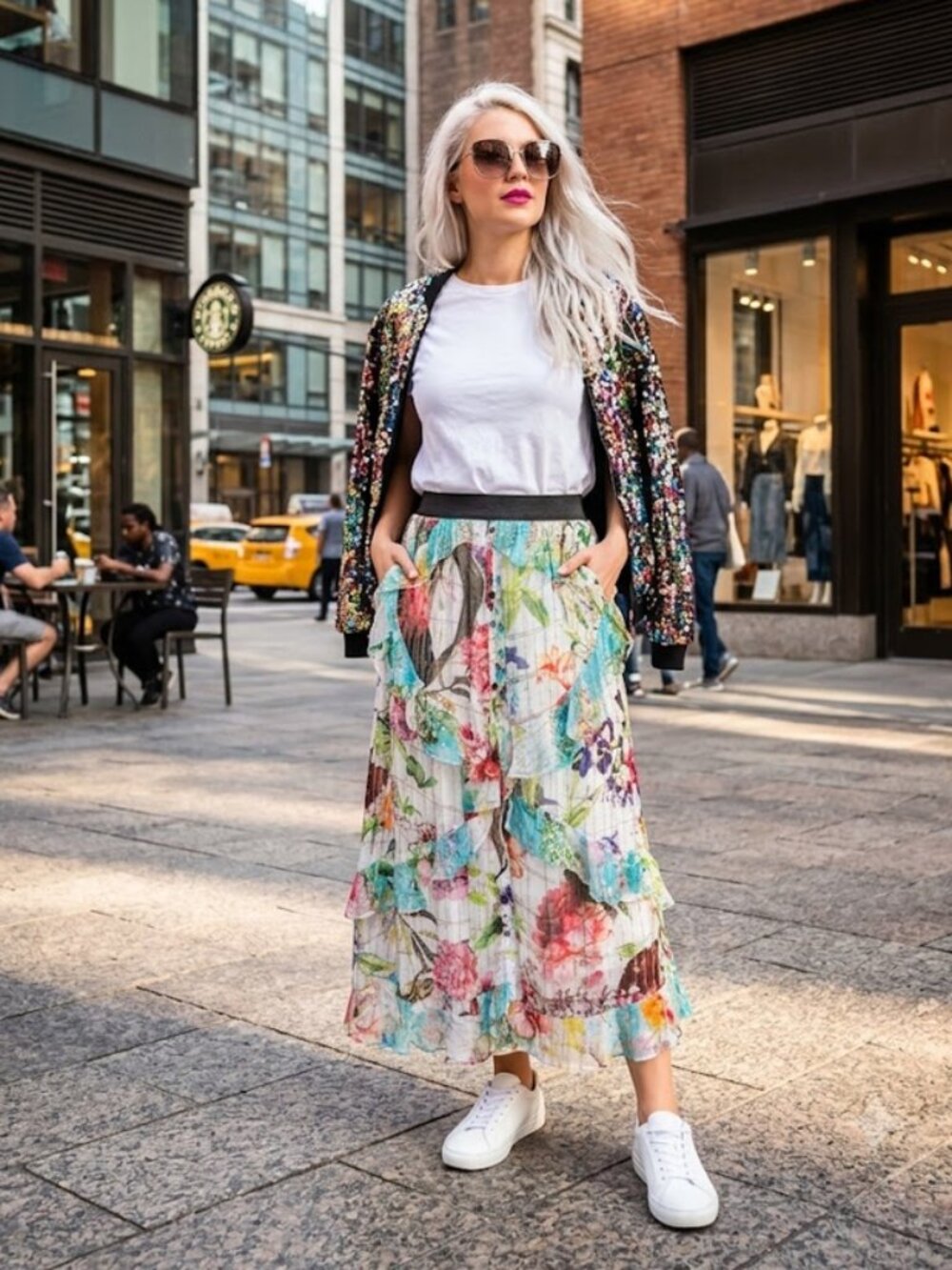 NWOT Rococo Sand multicolour floral & metallic fibre ruffle maxi skirt, S